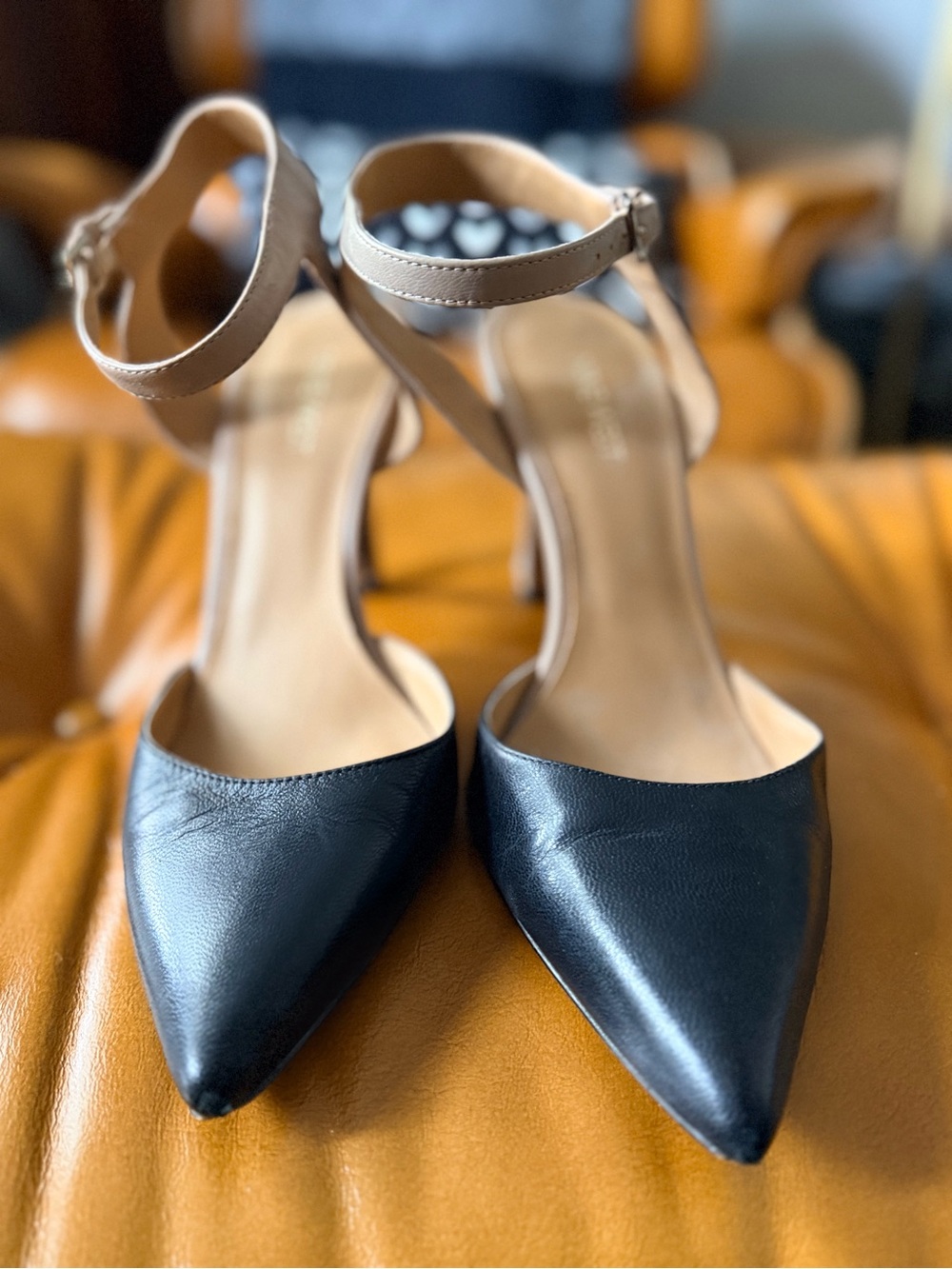 Nine West Two-Tone Pointed Toe Ankle Strap Heels - Black/Tan